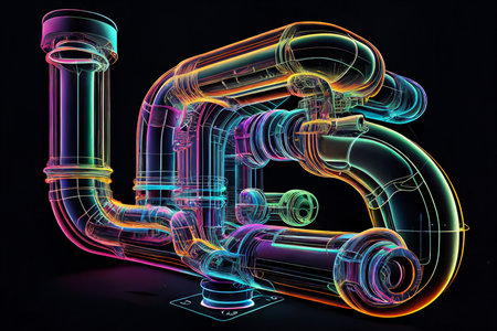 3d rendering of a pipe in neon light on a black backgroundの素材