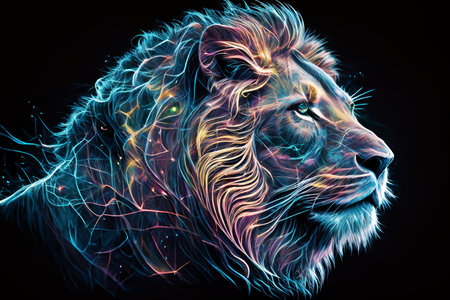 Lion head with glowing lines on a black background. Digital painting.の素材