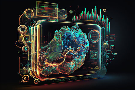 Futuristic interface on dark background. 3d rendering toned image double exposureの素材