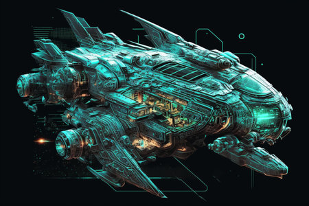 3D rendering of a space ship in blue and green huesの素材
