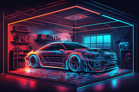 sketch drawing of a car in a garage, 3D renderingの素材