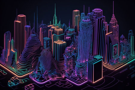 Abstract futuristic wireframe cityscape with skyscrapers. 3d renderingの素材