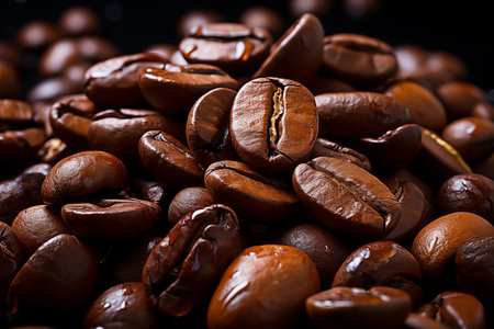 Coffee beans on black background. Close-up image.の素材