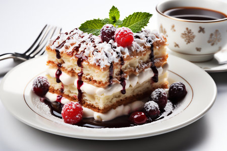 Piece of cake with berries and cup of coffee on white backgroundの素材