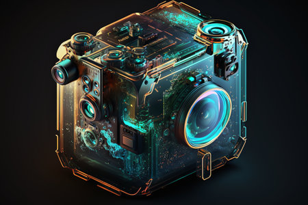 Digital camera isolated on black background. 3d rendering toned imageの素材
