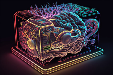 3d illustration of a computer with a brain and headphones on a black backgroundの素材