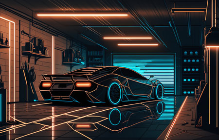 Futuristic car in the garage. 3D rendering. Neon lights.の素材