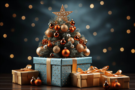 3d illustration of Christmas tree with golden baubles and presentsの素材