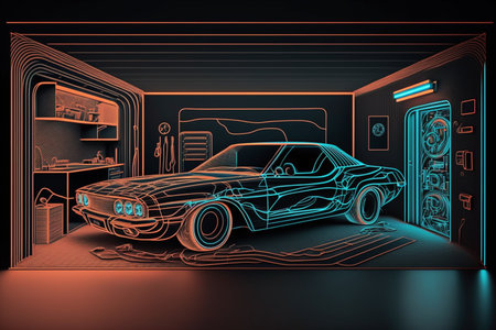 Retro car in garage. 3D rendering. Computer digital drawing.の素材