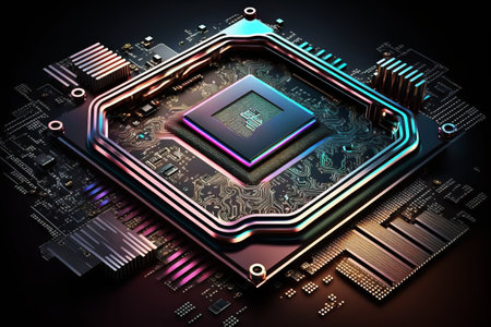 3d rendering of a cpu with electronic components on a dark backgroundの素材