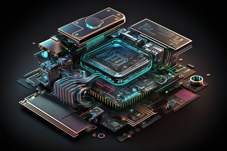 Circuit board. Electronic computer hardware technology. Motherboard digital chip. 3D renderingの素材