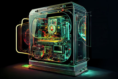 3d rendering of a computer monitor on black background with neon lightsの素材