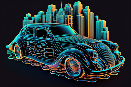 Retro car with cityscape on the background. 3d renderingの素材