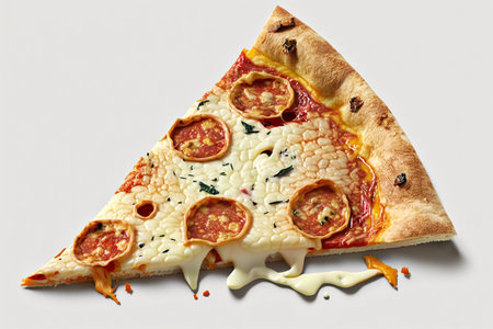 Pizza slice with salami, cheese and mozzarella on white backgroundの素材