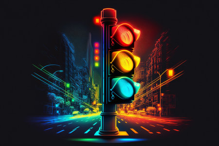 Traffic light on the road in the city. 3d renderingの素材