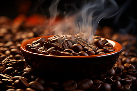 Coffee beans in a bowl with smoke on a dark backgroundの素材