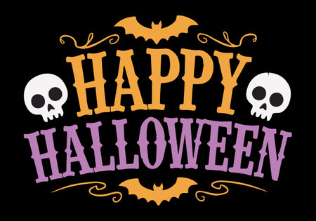 Happy Halloween lettering with skull and bats on black background. Vector illustration.のイラスト素材