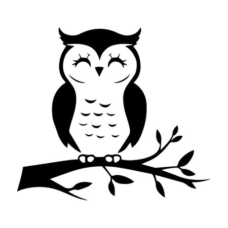 Owl on a branch. Vector illustration. Black and white.のイラスト素材