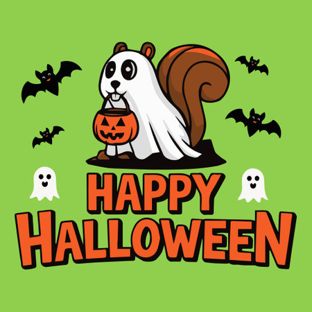 Happy Halloween spooky squirrel vector illustration art design. Happy Halloween card with cute cartoon chipmunk. Vector illustration.のイラスト素材