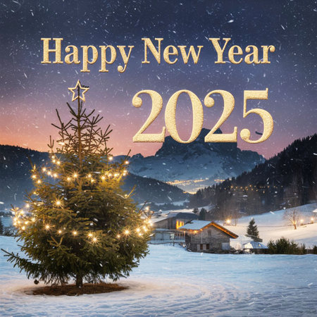 Happy New Year 2025. Merry Christmas and Happy New Year banner Background. Happy New Year greeting card. Christmas tree in the mountains.の写真素材