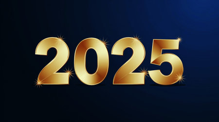 Happy New Year 2025 gold text on blue background. Vector illustration.の写真素材