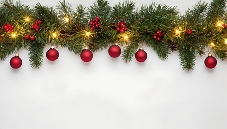 Seamless decorative Christmas top border with coniferous branches and garlands of Christmas lights and ornaments festival. Merry Christmas banner, poster, wadding design.の写真素材