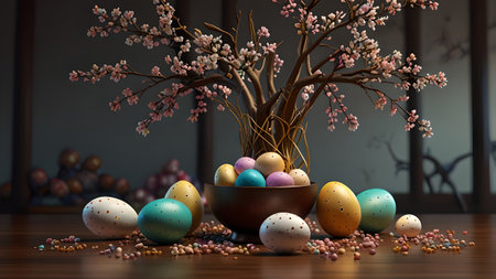 Easter composition with easter eggs and tree. 3d render. Elegant Easter Decor Wooden Branches and Pastel Eggs in a Luxurious Golden Vaseの写真素材