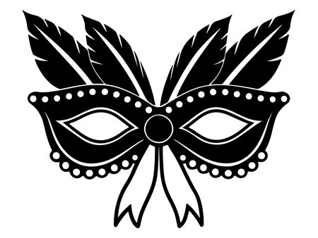 Mardi Gras mask with feathers. Black and white vector illustration.のイラスト素材