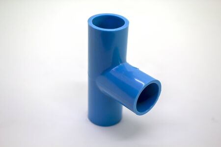Plastic joints for water pipes on a white background, spare equipmentの写真素材