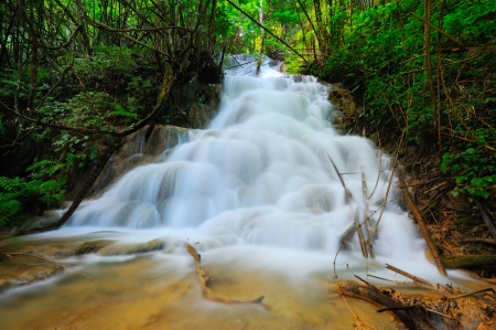 Water fall in spring season located in deep rain forest jungle の写真素材