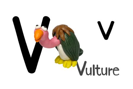 Statues like cute animals for children. Molding from plasticine for learning alphabet, V. Cartoon characters Vulture isolated on white background. Like 3D rendering, illustration.の写真素材