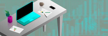 Isometric laptop computer and work files on modern desk with abstract background of world map with polka dots and graphs.のイラスト素材
