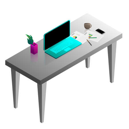 Isometric laptop computer with work files on modern desk at home or in the office isolated on white background.のイラスト素材