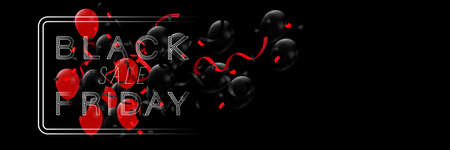 Black Friday is on sale for text on dark background with black and red balloons rising from sqaure shape. 3D rendering vector illustration.のイラスト素材