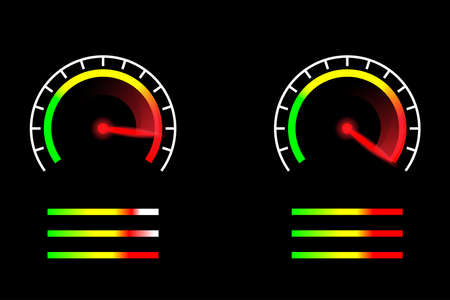 Speed meter with red gauge needle glowing in the dark. Concept of high speed motion.のイラスト素材