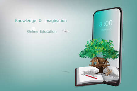 Online education with a concept of knowledge and imagination offers mobile phone, books, pencils, tree house and paper plane on gradient blue background. Illustration 3D rendering.のイラスト素材