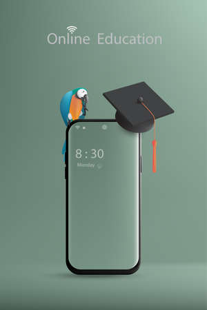 Online education with a concept of learning offers mobile phone, macaw cartoon character and degree hat on gradient navy green background. Illustration 3D rendering.のイラスト素材