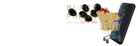 Black Friday online shopping concept by mobile phone shopping cart gift box bow tie or colorful ribbon and text Black Friday Super Sale Online Shopping on gradient white background. Vector 3D renderingのイラスト素材