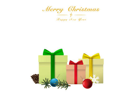 Merry Christmas and Happy New Year concept by colorful bow tie gift boxes, Christmas balls, pine twigs, pine cones and snowflakes with text isolated on white background. Vector illustration 3D rendering.のイラスト素材