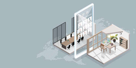 Work from home concept is presented in isometric style of home office and smarthphone with video conference application and office that has to be temporarily closed to reduce the virus outbreak and world map with dots as backgroundのイラスト素材