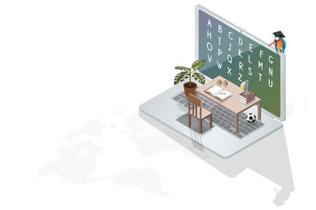 Online education concept for kids with laptop are like classroom at home by table chairs lamps books...