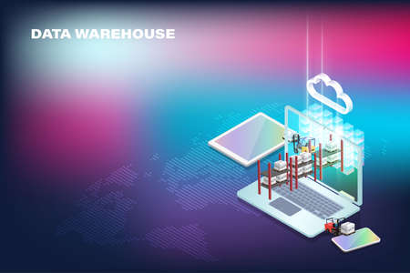 Data warehouse concept is represented by forklift truck that transport data on pallet to cloud server warehouse rack on abstract world map against gradient background Vector 3D renderingのイラスト素材