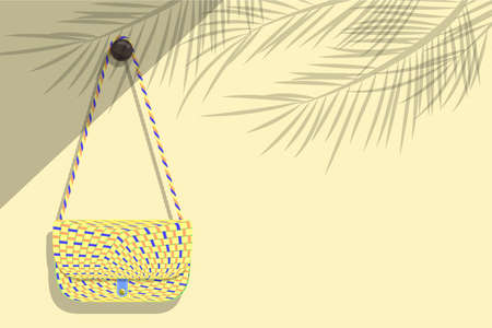 Women's weave pattern shoulder bag was hung on a light brown wall where sunlight poured into the room against the shadows of the coconut leaves concept of summer travel tripのイラスト素材
