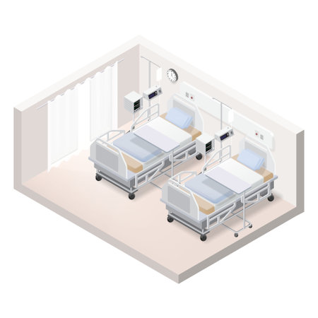 Isometric hospital bed that are ready to treat infected people with heart rate monitor and high flow oxygen machineのイラスト素材