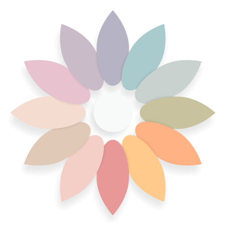 Vector illustration shaped like bunch of leaves arranged in circle multi colored leaves surrounding white circle in the center isolated on white background Abstract of shapes like paper cut with shadowのイラスト素材