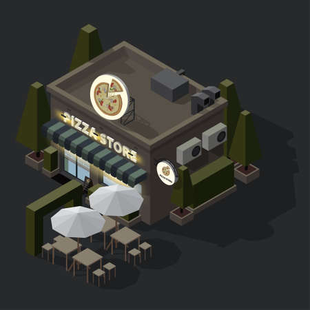 Isometric pizza shop with sign or on top in the shape of a large pizza on tray 3D model of a store or cafe and restaurant with green tree and outdoor seating on night scene backgroundのイラスト素材