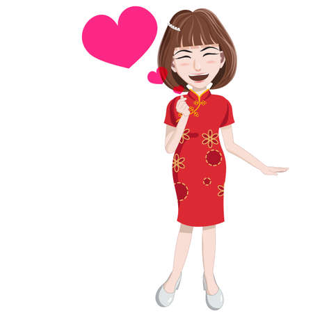 Cartoon character teenager girl in red dress for chinese new year Hand made mini heart symbol with pink hearts floating out isolated on white background vector illustration character with smileのイラスト素材