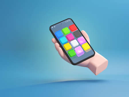 3D model of mobile phone social media concept with shiny hand with mobile phone and polygonal shapes...