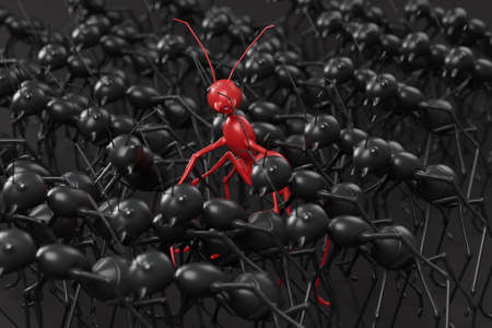 3D model of one red ant standing among large crowd of black ants selective focus at red ant 3D...