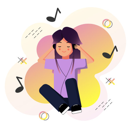 The girl with headphones listening music. vector flat illustrationのイラスト素材